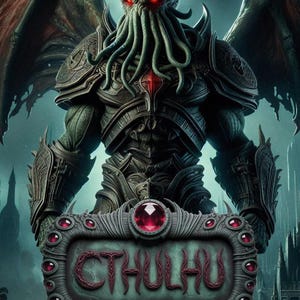 May include: Digital artwork of a monstrous figure with a tentacled head, red eyes, and large wings. The figure wears ornate armor and holds a sign that reads "CTHULHU" in red letters, surrounded by red gems. The overall color scheme is dark with shades of green and gray.