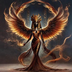 Könnte beinhalten: Digitales Kunstwerk einer dunkelhäutigen Figur mit großen, feurigen Flügeln und Kopfschmuck, die an altägyptische Kunst erinnert. Die Figur trägt ein fließendes, rotbraunes Gewand vor einem dunklen Hintergrund mit goldenen Akzenten.