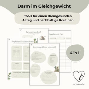 Könnte beinhalten: Ein Set aus vier druckbaren Dokumenten mit dem Titel Darm im Gleichgewicht, bestehend aus einem Symptomtagebuch, Supplement-Plan, einer Liste für 30 pflanzliche Lebensmittel und einem Leitfaden für einen darmfreundlichen Lebensstil mit Checklisten.