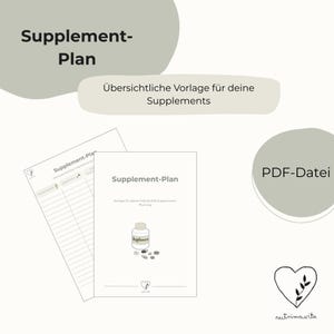 Puede incluir: Un documento blanco titulado "Supplement-Plan" con un dibujo de un frasco de suplementos y pastillas. El documento está acompañado de una hoja rayada y el texto "PDF-Datei". La imagen tiene un fondo beige claro.