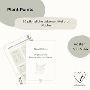 Könnte beinhalten: Ein weißes Poster mit dem Text "Plant Points" und "30 pflanzliche Lebensmittel pro Woche". Das Poster enthält eine Strichzeichnung eines Korbes mit Gemüse und Kräutern. Das Bild enthält auch eine Liste von Gemüse und Kräutern.