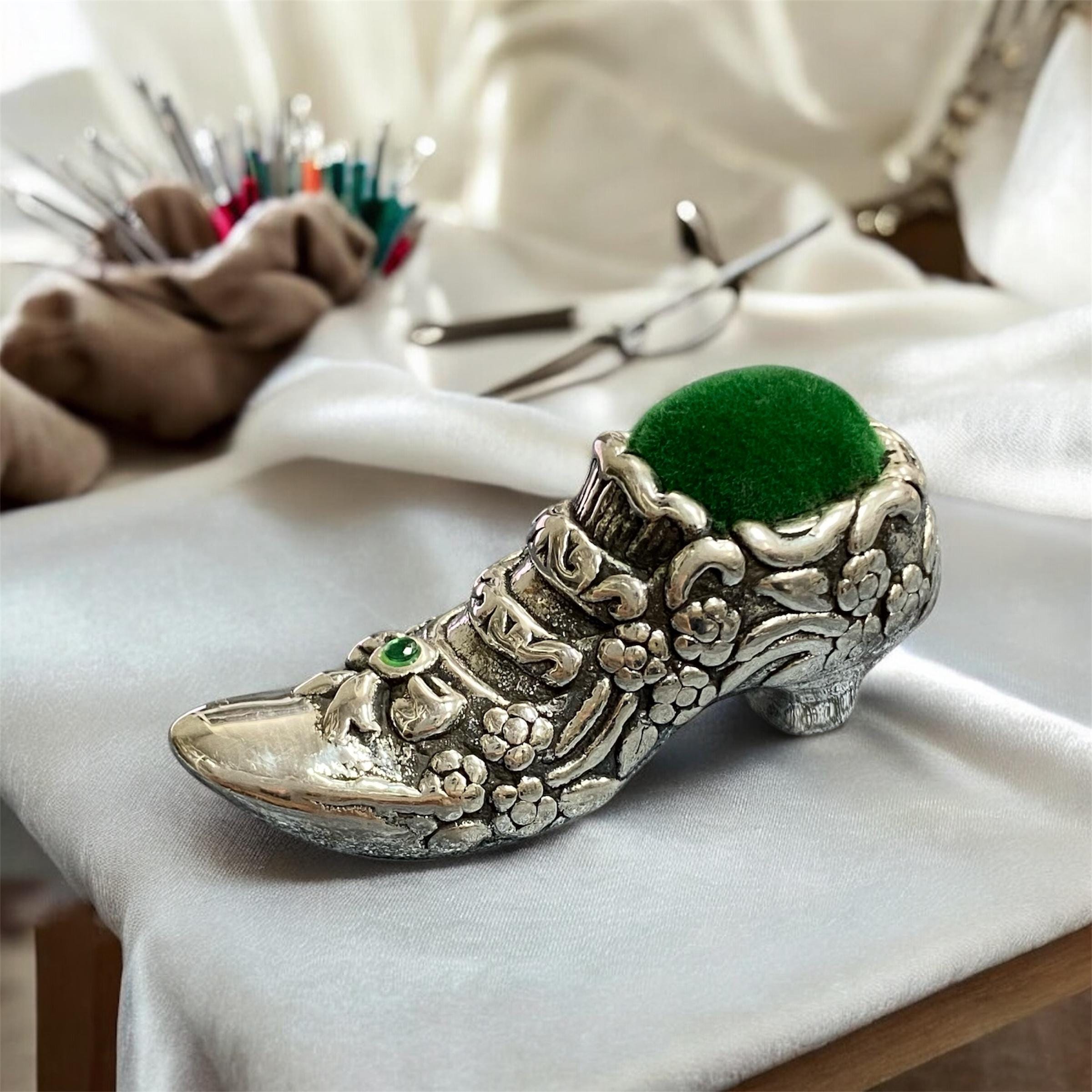 Victorian Inspired 925 Sterling Silver Miniature Pin Cushion Floral Shoe - Functional & Collectible Sewing Needle Holder
