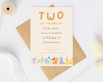Two Let The Dogs Out Birthday Invite | Neutral Puppy Party Invitation Template | 2nd Birthday