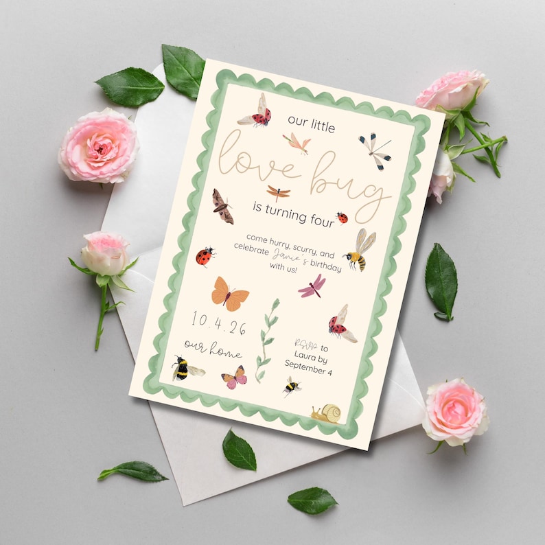 Love Bug Birthday Invitation | Garden Theme Kids Party Invite ...