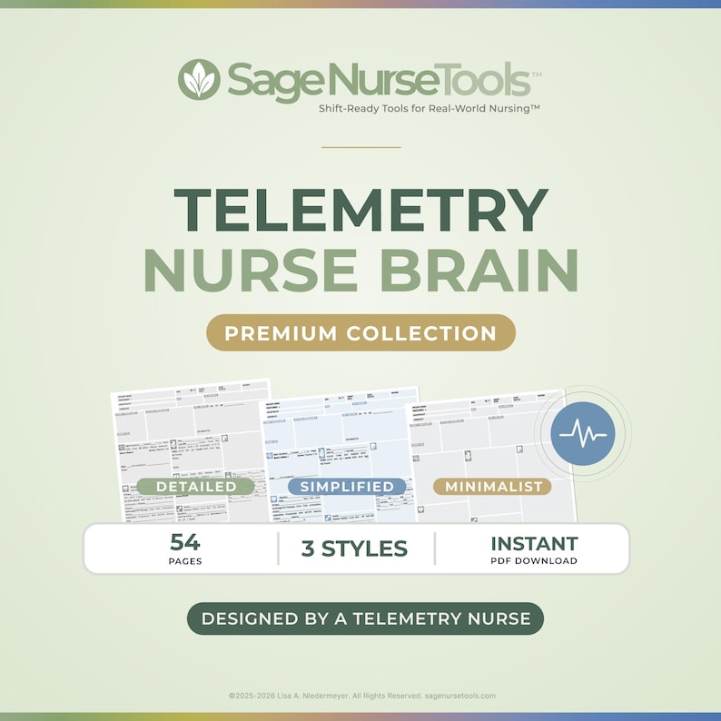 Op de afbeelding: Advertentie voor "Telemetry Nurse Brain" van Sage Nurse Tools, een digitaal product. Het ontwerp heeft een lichtgroene achtergrond met de productnaam en "Premium Collection" in grote tekst. Het bevat drie stijlen, 54 pagina's en een directe PDF-download.
