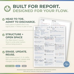 Op de afbeelding: Een wit en grijs medisch rapportblad met handgeschreven notities en de tekst "BUILT FOR REPORT. DESIGNED FOR YOUR FLOW." Het blad is ontworpen voor pati&euml;ntinformatie en eenvoudige updates. De tekst bevat ook "HEAD TO TOE. ADMIT TO DISCHARGE."