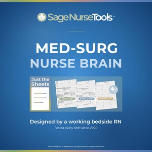 Könnte beinhalten: Eine blaue digitale Grafik für Sage NurseTools mit dem Text MED-SURG NURSE BRAIN und Just the Sheets. Sie zeigt drei weiße Pflegeberichtsvorlagen mit den Bezeichnungen Detailed, Simplified und Minimalist, entworfen von einer Pflegekraft.