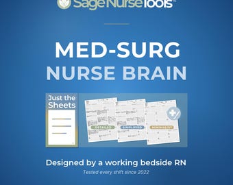 Op de afbeelding: Een blauwe digitale afbeelding voor Sage NurseTools met de tekst MED-SURG NURSE BRAIN en Just the Sheets. Het toont drie witte verpleegkundige rapporttemplates met de labels Detailed, Simplified en Minimalist, ontworpen door een verpleegkundige.
