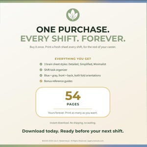 Op de afbeelding: Advertentie voor een digitale download, met een groen en wit ontwerp. De tekst promoot "ONE PURCHASE. EVERY SHIFT. FOREVER." en benadrukt functies zoals brain sheet stijlen en een shift taak organisator. Er staat ook "54 PAGES."