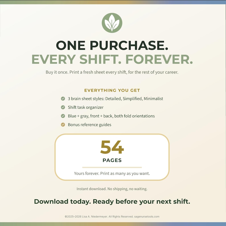 Op de afbeelding: Advertentie voor een digitale download, met een groen en wit ontwerp. De tekst promoot "ONE PURCHASE. EVERY SHIFT. FOREVER." en benadrukt functies zoals brain sheet stijlen en een shift taak organisator. Er staat ook "54 PAGES."