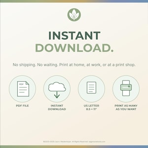 Op de afbeelding: Een digitale downloadafbeelding met de woorden "INSTANT DOWNLOAD" in grote groene letters. Hieronder vier cirkelvormige pictogrammen met tekst: PDF-BESTAND, INSTANT DOWNLOAD, US LETTER 21,6 x 27,9 cm en PRINT ZOVEEL ALS JE WILT.