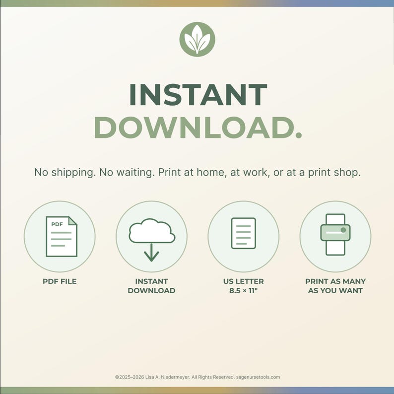 Op de afbeelding: Een digitale downloadafbeelding met de woorden "INSTANT DOWNLOAD" in grote groene letters. Hieronder vier cirkelvormige pictogrammen met tekst: PDF-BESTAND, INSTANT DOWNLOAD, US LETTER 21,6 x 27,9 cm en PRINT ZOVEEL ALS JE WILT.