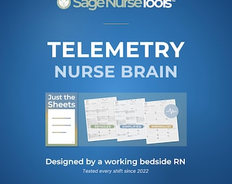 Op de afbeelding: Een blauw-witte afbeelding met de tekst "TELEMETRY NURSE BRAIN" en het logo "Sage Nurse Tools". De afbeelding bevat voorbeelden van verpleegkundige vellen met de labels "Detailed", "Simplified" en "Minimalist". De tekst "Designed by a working bedside RN" is ook aanwezig.