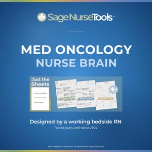 May include: A blue digital graphic for Med Oncology Nurse Brain by Sage Nurse Tools. It displays three nursing report sheet templates labelled Detailed, Simplified, and Minimalist, alongside a Just the Sheets icon and text stating Designed by a working bedside RN.