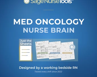 Op de afbeelding: Een blauwe digitale afbeelding voor Med Oncology Nurse Brain van Sage Nurse Tools. Het toont drie verpleegkundige rapportagebladen met de labels Detailed, Simplified en Minimalist, een Just the Sheets-pictogram en de tekst Designed by a working bedside RN.