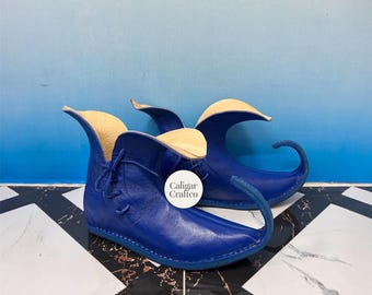 Mittelalter Poulaines Schuhe Blau | Gewölbte Zehen Renaissance Elfen Schuhe | Handgefertigte Fantasy LARP Lederschuhe | Historische Kostüm Spitzenschuhe