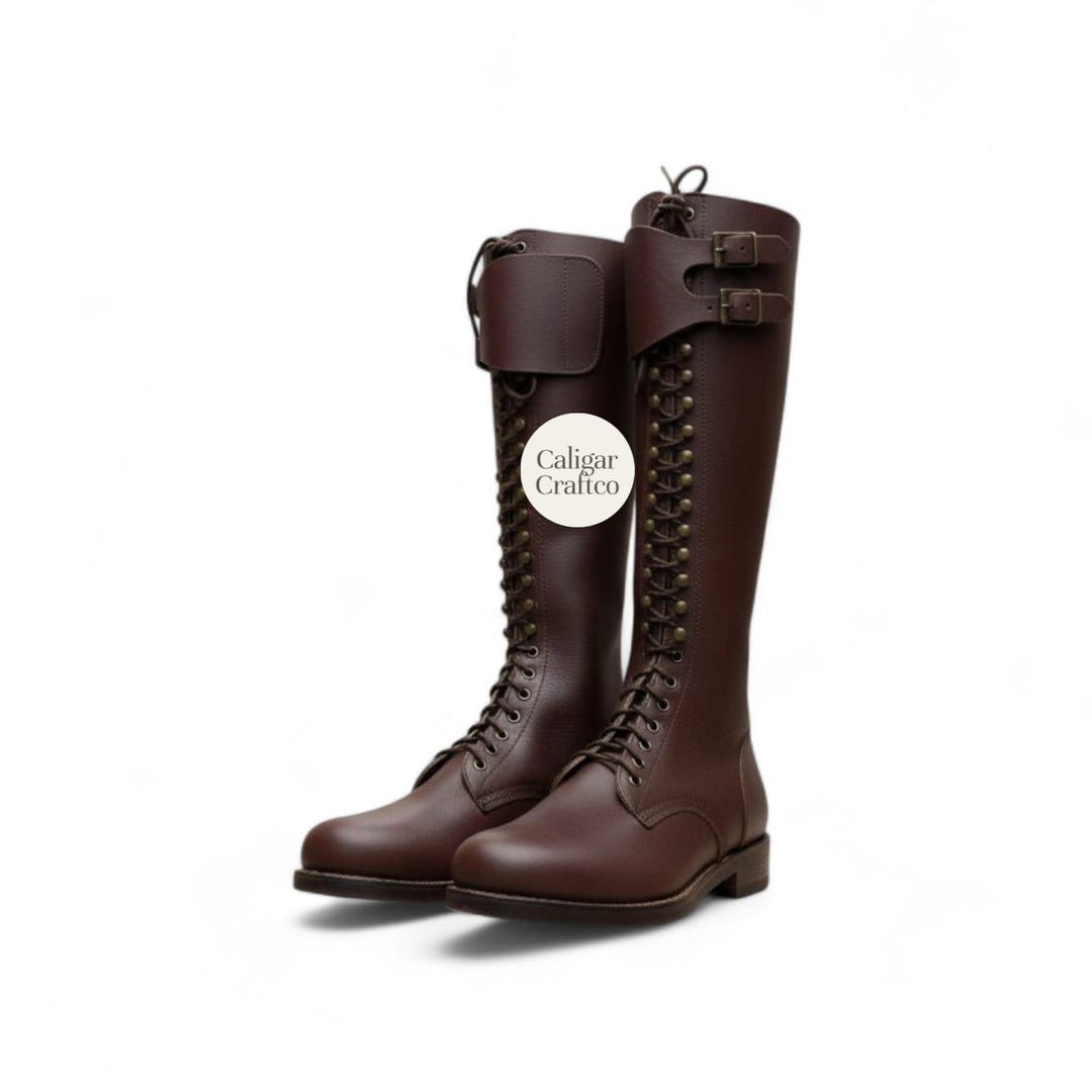 Handmade Brown Military Riding Boots – Tall Lace up Officer Boots ...