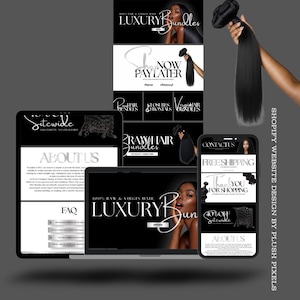 Può includere: Una pubblicità per extension di capelli di lusso, chiusure e frontali. L'immagine presenta un laptop, un tablet e uno smartphone che mostrano un sito Web con il testo "Luxury Bundles" e "Raw Hair Bundles". Una mano tiene in mano un fascio di capelli neri.