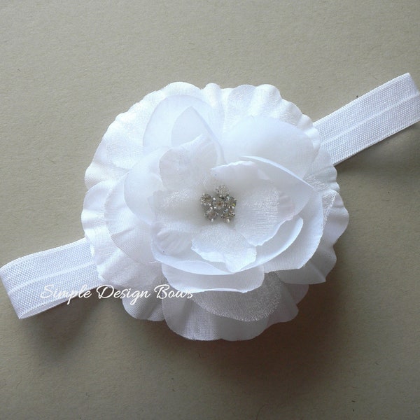 White Headband - EMMA Flower Headband - Elastic Baby Headband - Photo Prop - Baptism Headband - Blessing Headband