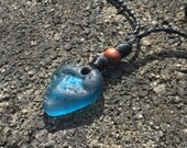 UNISEX-RARE Reversible Celestial Blue Surf Tumbled Sea Glass, Wooden Bead, Hawaiian Puka Shell, Black Braided Artificial Sinew Cord Necklace