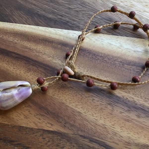 UNISEX-Hawaiian Cone Shell, Wooden Beads, Hawaiian Pukashell, Brown Braided Artificial Sinew Cord Necklace