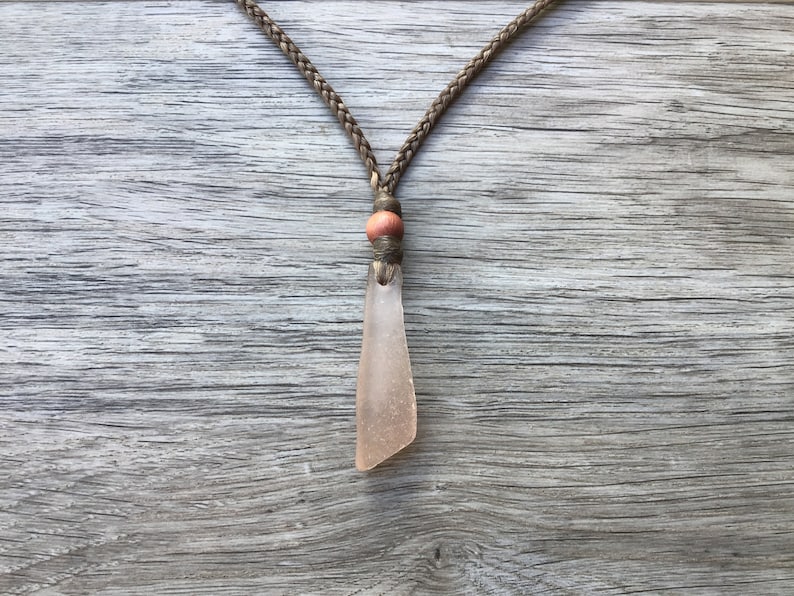 Wooden Bead Hawaiian Puka Shell UNISEX-RARE Pink Surf Tumbled Seaglass Brown Braided Artificial Sinew Cord Necklace