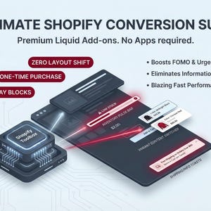 Puede incluir: Gráfico isométrico que promociona una suite de conversión de Shopify. La imagen presenta una tableta gris oscuro con un icono de Shopify Toolbox, una barra de inventario de bajo stock y un conmutador de contenido de variantes. El texto incluye "Ultimate Shopify Conversion Suite".