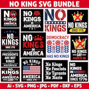 Może przedstawiać: Zestaw cyfrowych projektów z hasłem "No Kings in America". Projekty zawierają korony, amerykańską flagę i tekst "Democracy Has No Kings". Projekty są w różnych stylach.