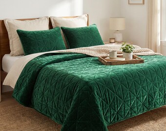 Edredón de terciopelo verde esmeralda: colcha de lujo hecha a mano, ropa de cama bohemia suave y acogedora
