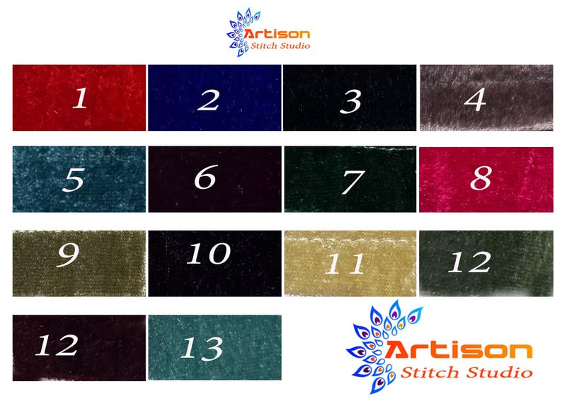 Puede incluir: Una carta de colores de muestras de tela de terciopelo, numeradas del 1 al 13, en varios colores, incluyendo rojo, azul, negro y verde. El logotipo de Artison Stitch Studio est&aacute; en la esquina superior derecha e inferior derecha.