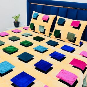 3D Patchwork Velvet Quilt Handmade | Luxury Color Block Bedspread | Soft Plush Bedding | Queen King Bedding | Wedding Gift