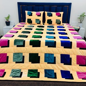 Handgefertigte 3D-Patchwork-Samtdecke, luxuriöse Tagesdecke mit Farbblockmuster, flauschige Bettwäsche