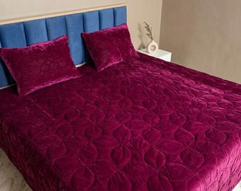Edredón de terciopelo rojo vino – Colcha suave hecha a mano, ropa de cama acogedora, manta elegante