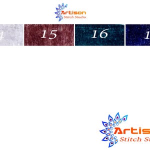 Puede incluir: Imagen con cuatro muestras de tela en blanco, burdeos, verde azulado y azul marino, numeradas del 14 al 17. El logotipo de Artison Stitch Studio aparece en la parte superior e inferior.