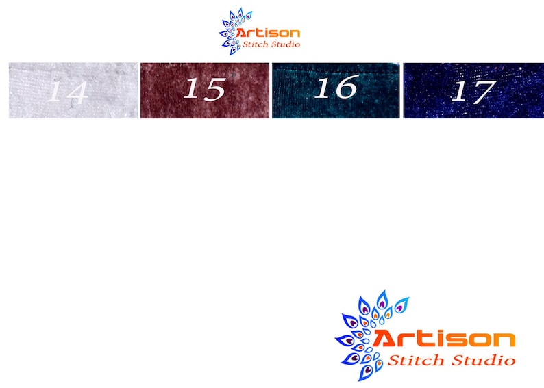Puede incluir: Imagen con cuatro muestras de tela en blanco, burdeos, verde azulado y azul marino, numeradas del 14 al 17. El logotipo de Artison Stitch Studio aparece en la parte superior e inferior.
