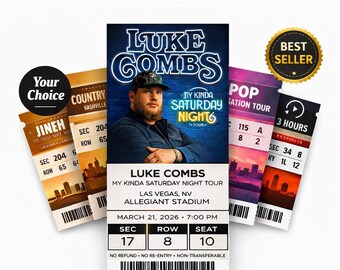 May include: A collection of custom concert tickets, including a "Best Seller" ticket for Luke Combs' "My Kinda Saturday Night Tour" at Allegiant Stadium in Las Vegas. The tickets feature the artist's image and event details.