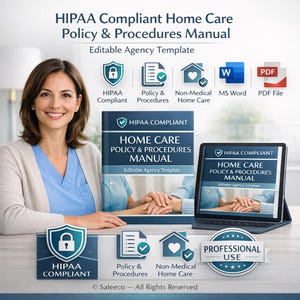 Könnte beinhalten: Eine Frau lächelt neben einem Handbuch und einem Tablet, auf dem "HIPAA-konforme Richtlinien und Verfahren für die häusliche Pflege" angezeigt werden. Das Bild enthält Symbole für HIPAA, Richtlinien, häusliche Pflege, MS Word und PDF-Dateiformate. Der Text "Bearbeitbare Agenturvorlage" ist ebenfalls sichtbar.