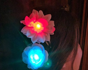 Red Blue Flashing Hair Clip Flower - 4th of July, Patriotic, parade, fireworks, carnival, festival, fairs, night camping, special event