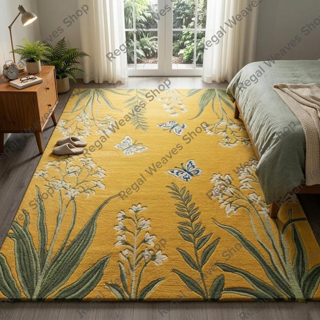 Hand Tufted Wool Area Rug, Floral Butterfly Botanical Garden Design ...