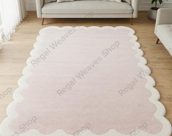 Alfombra de lana rosa palo tejida a mano, alfombra con borde festoneado, decoración femenina para habitación infantil.