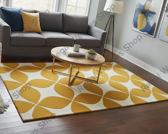 Hand Tufted Wool Geometric Rug – Mustard Yellow Mid Century Modern Carpet