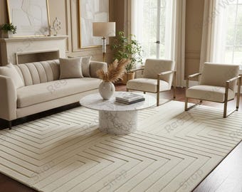Alfombra de lana hecha a mano / Alfombra geométrica en relieve, color crema para sala de estar