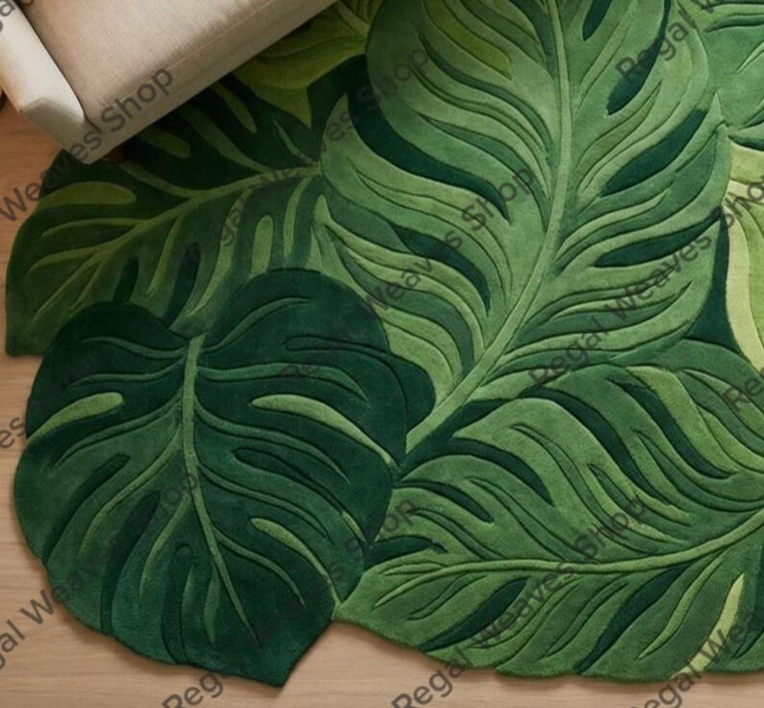 Leafy Handmade Rug Hand Tufted Green Monstera Leaf Rug, Tropical Botanical Area Rug for ...