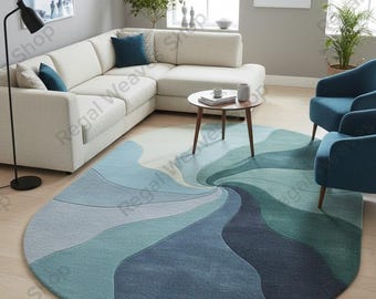 Abstrakter Oval Swirl Wollteppich | Blauer Moderner Kunst Teppich | Zeitgenössischer Handgetufteter Teppich