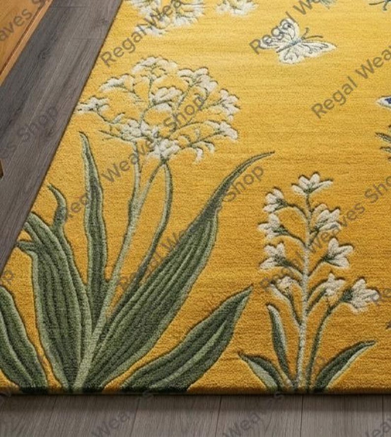 Hand Tufted Wool Area Rug, Floral Butterfly Botanical Garden Design ...