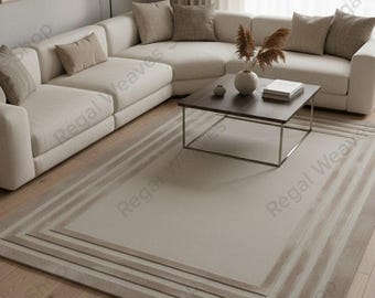 Hand Tufted Wool Area Rug, Neutral Layered Border, Modern Living Room Carpet