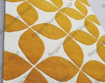 Hand Tufted Wool Geometric Rug – Mustard Yellow Mid Century Modern Carpet