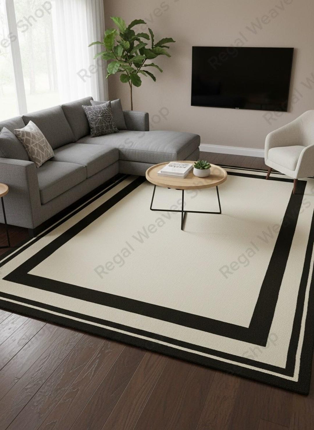 Hand Tufted Wool Rug, Modern Black Border, Minimalist Beige Carpet ...