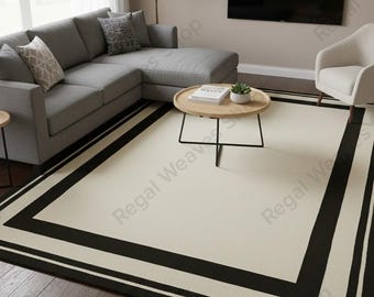 Hand Tufted Wool Rug, Modern Black Border, Minimalist Beige Carpet, Scandinavian Living Room