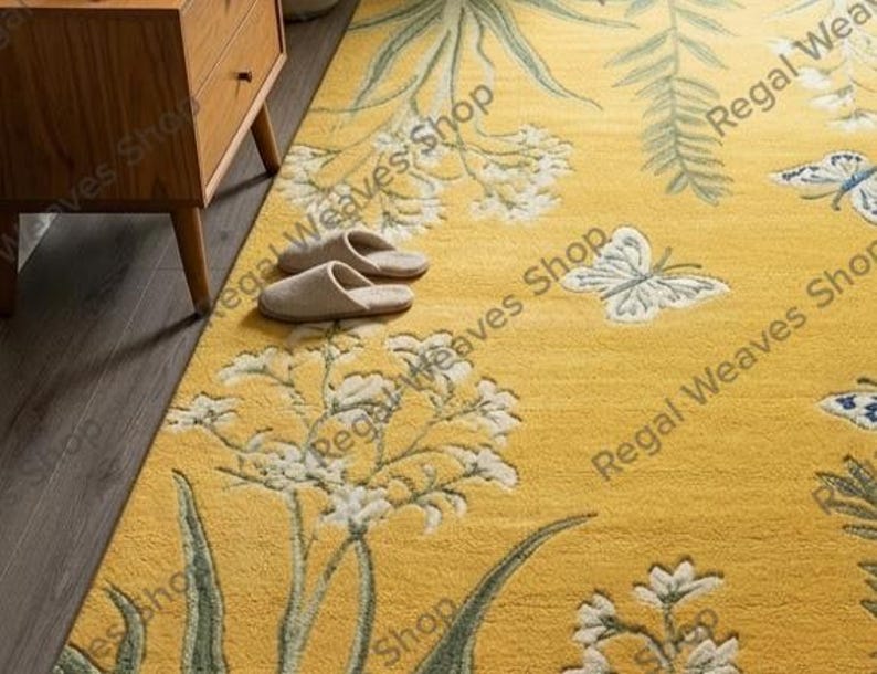 Hand Tufted Wool Area Rug, Floral Butterfly Botanical Garden Design ...